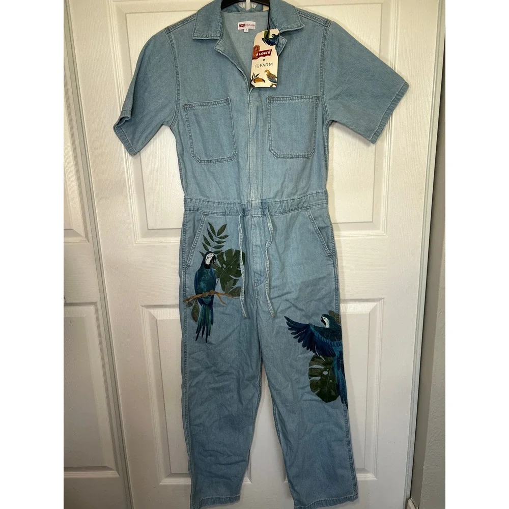 Levi's x FARM Rio Luella Denim Jumpsuit Small Light Wash Blue Macaw Parrot NWT